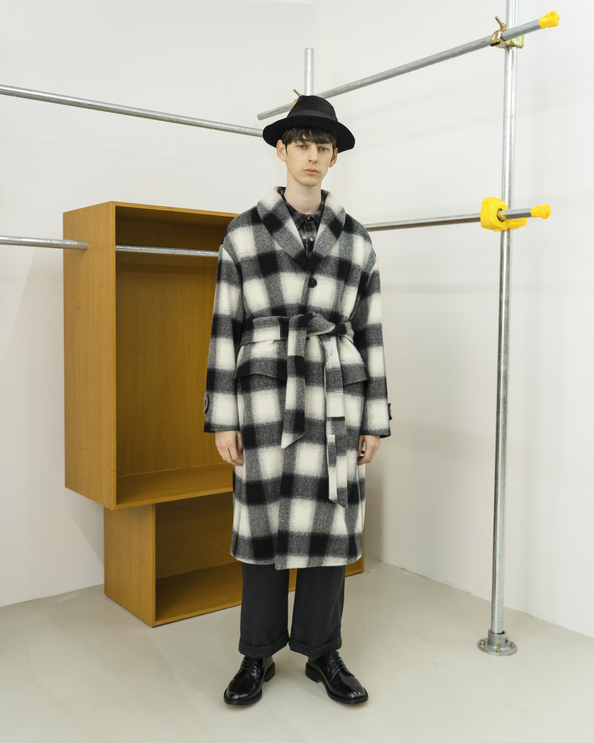 Shawl Collar Coat Ombre Check Wool